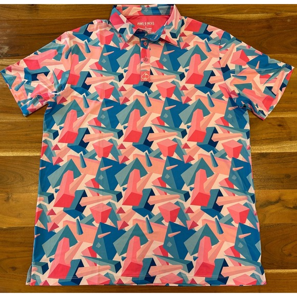 Pins & Aces Other - Pins & Aces Men XL Pink Blue Geometric Crystal Print Performance Golf Polo Shirt